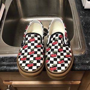 checkerboard vans slip ons with cherries checkerboard vans slip ons with cherries